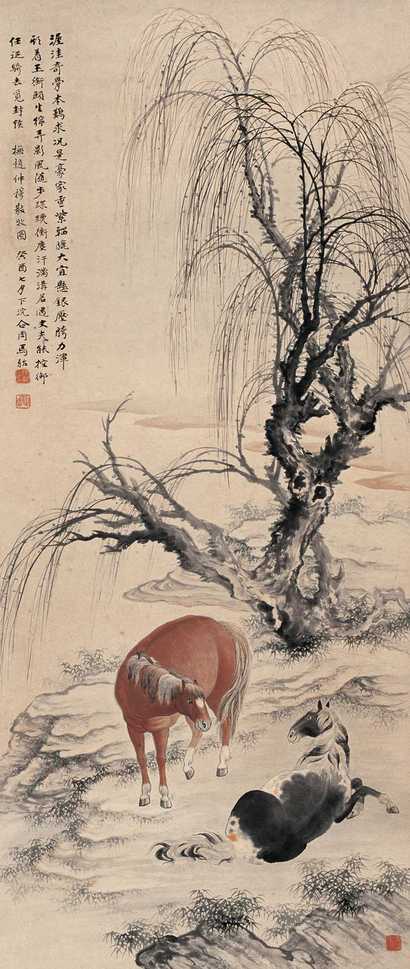马骀 1933年作 双骏图 立轴